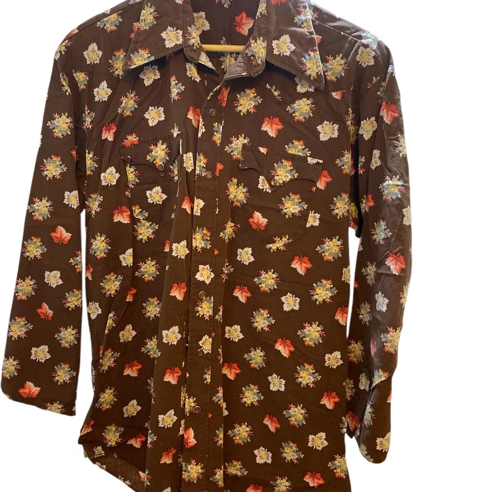 Rare 70s Women’s Brown Floral Western Shirt Copper Pearl Snaps Boho - Picture 10 of 11